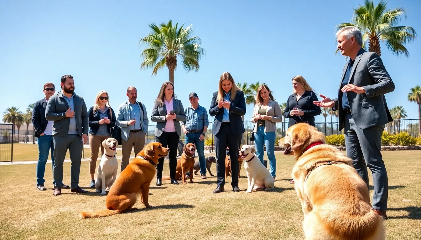 owners training their dogs in a sunny San Diego park.