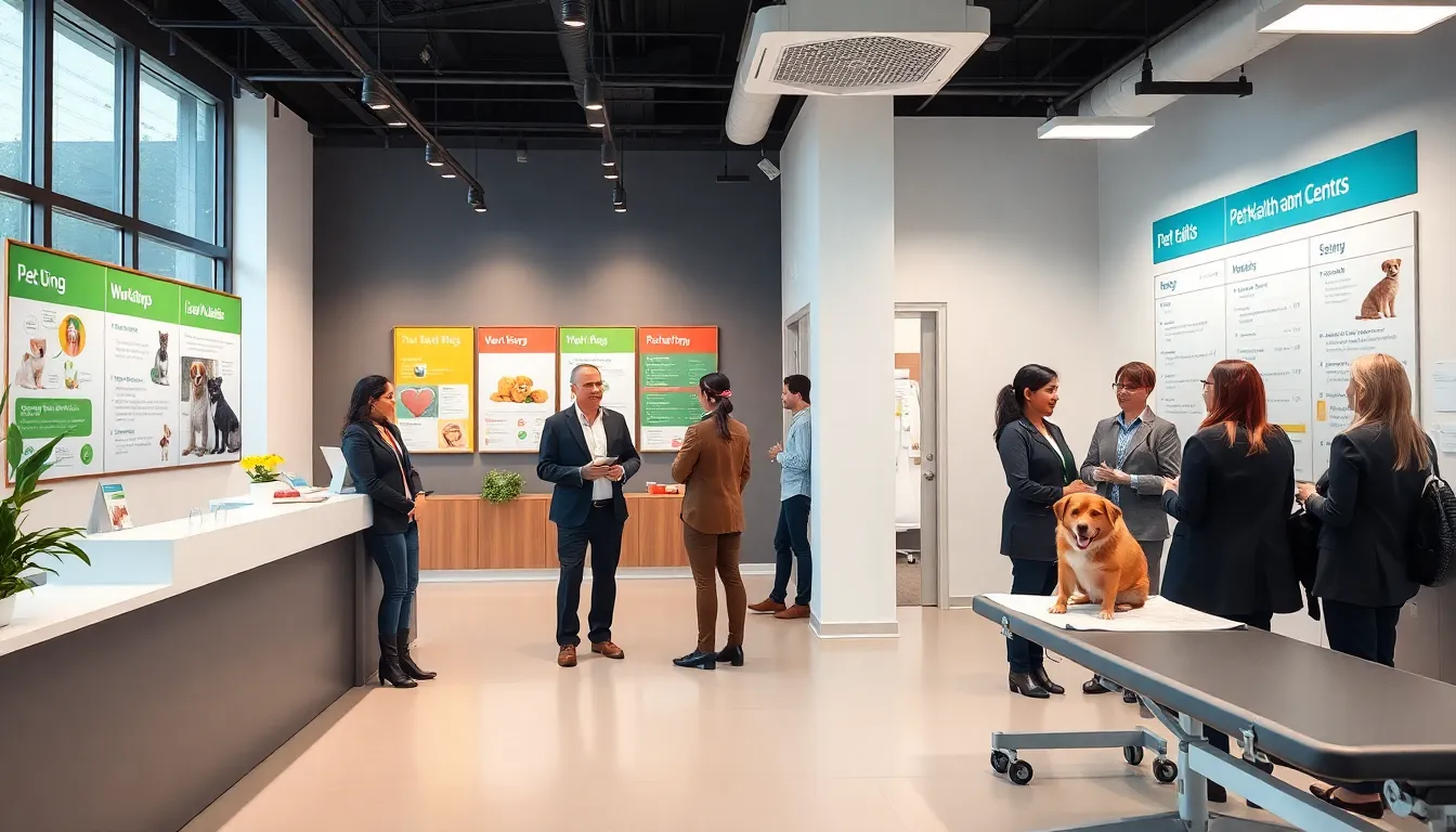 interior of a pet health and nutrition center with staff and pet owners.