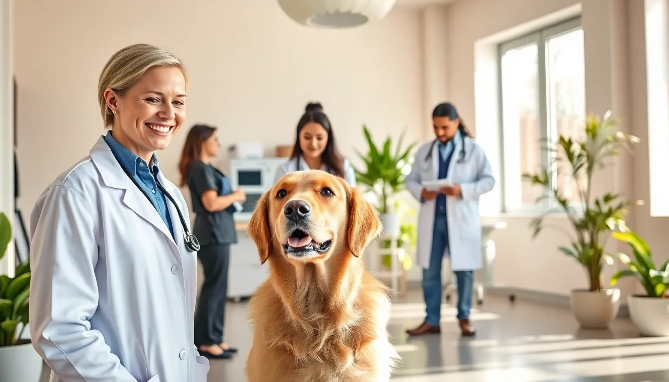 veterinarians caring for dogs and cats in a warm clinic setting.