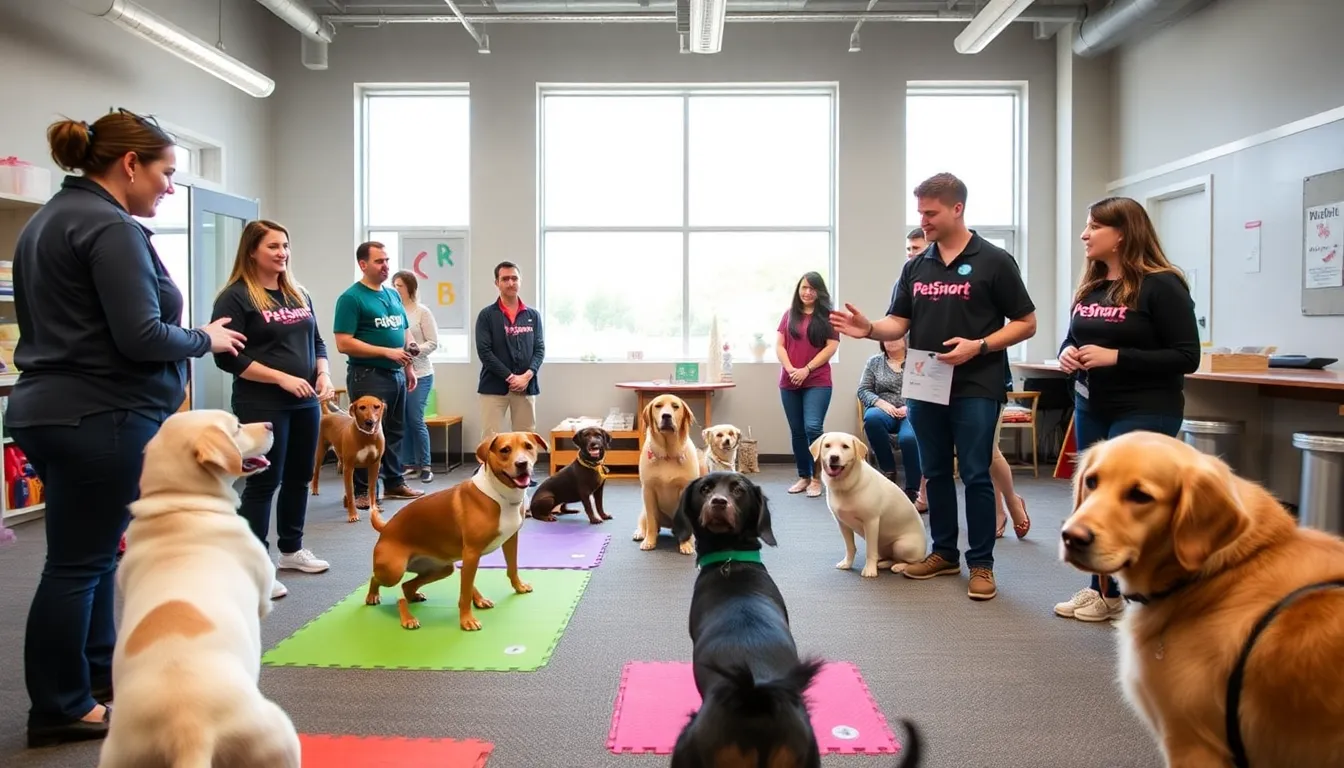 pet owners training their dogs in a bright PetSmart classroom.