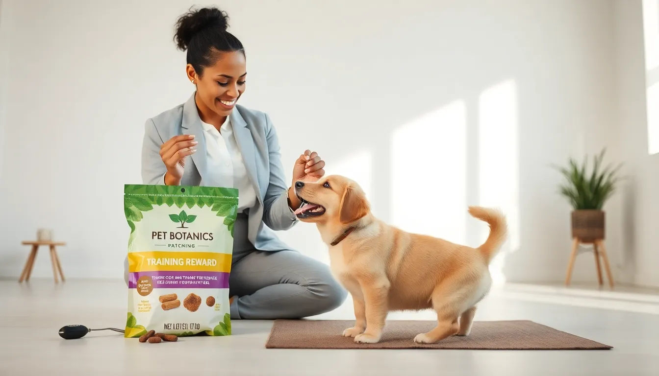 pet owner rewarding a puppy with training treats in a bright home.