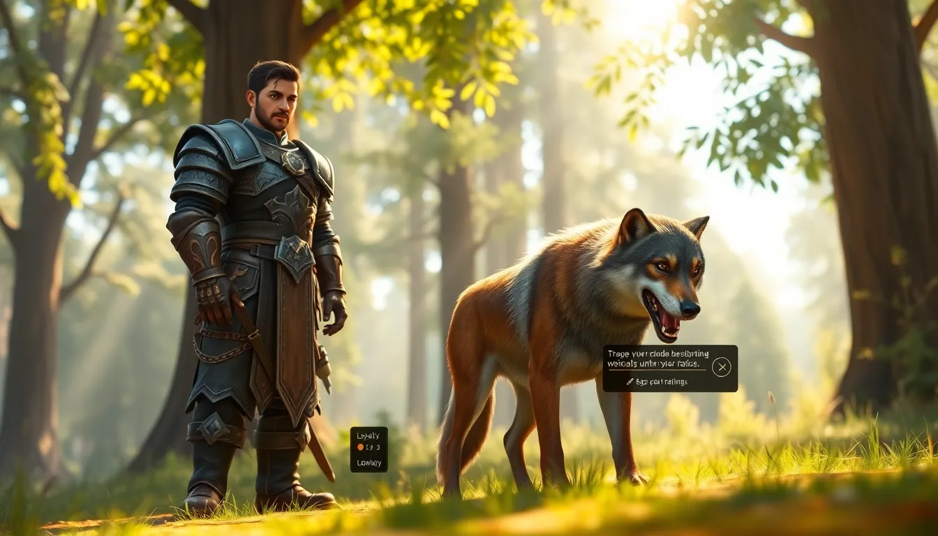 A character training a loyal pet wolf in a fantasy forest setting.