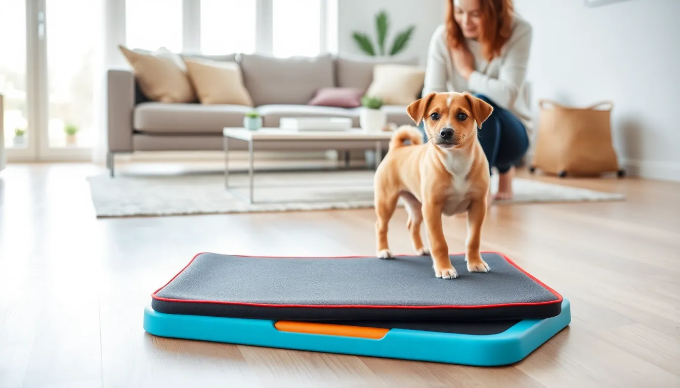 A puppy near a pet training pad in a modern living room.