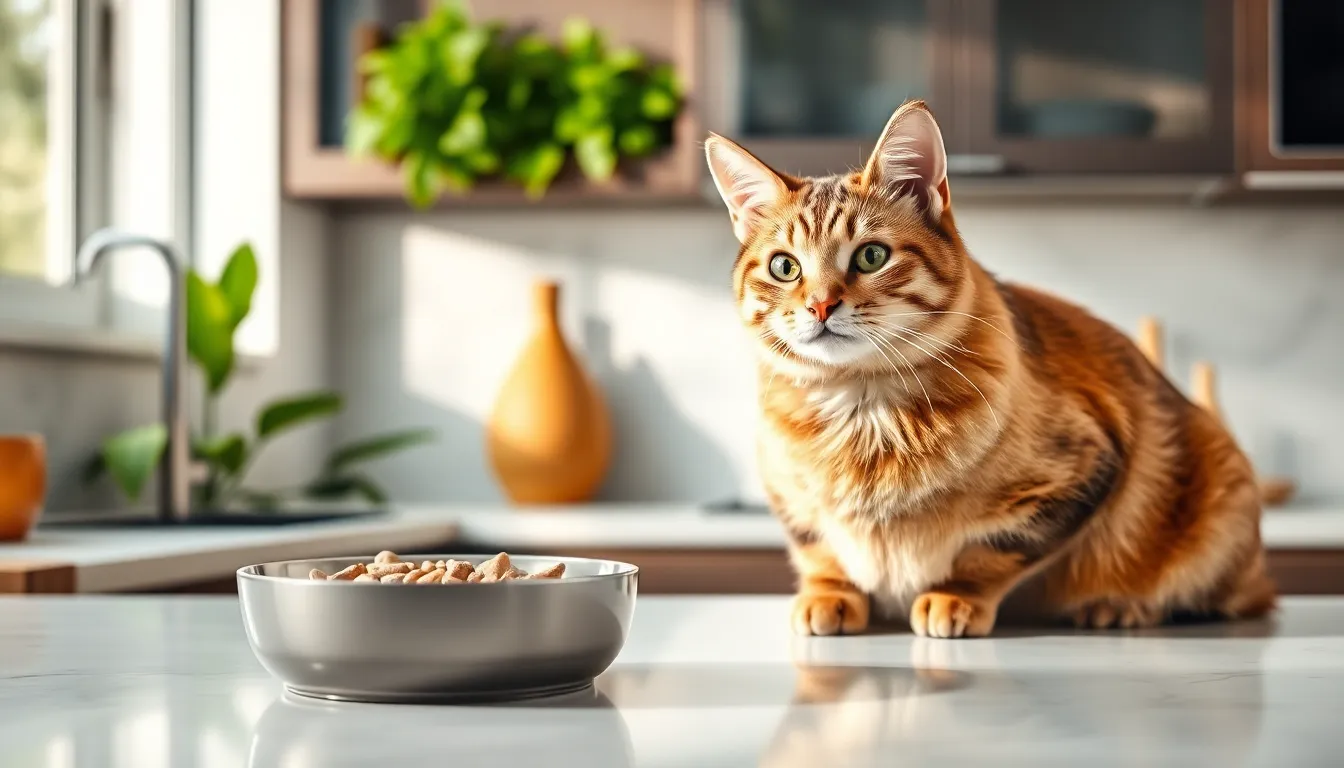 healthy cat near Nutra Thrive supplement in a modern kitchen.