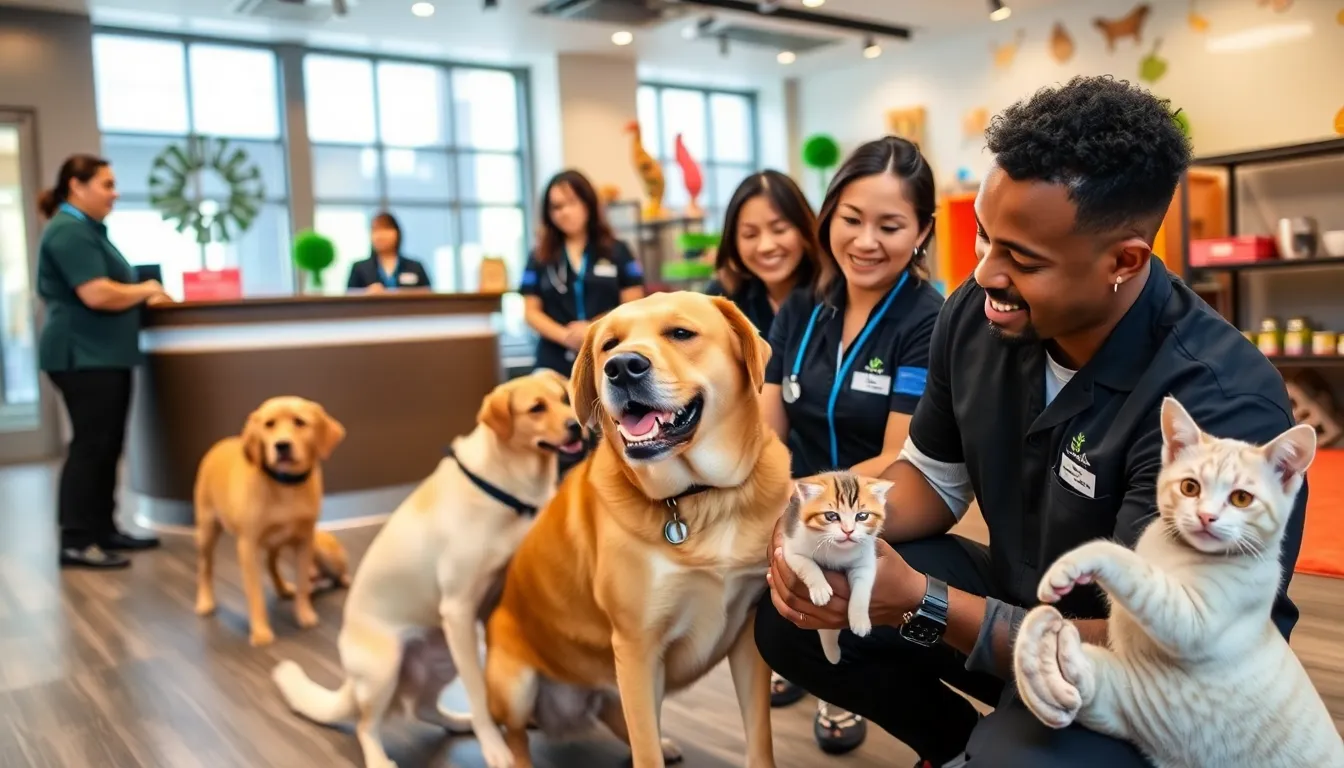 diverse team caring for pets in a welcoming facility.