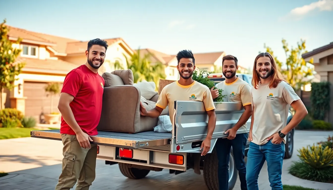diverse team from Fresno Junk Haulers removing junk from a home.
